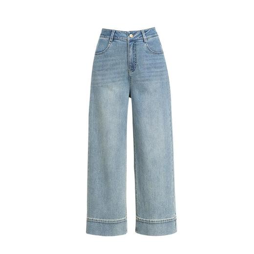 「高货xg」全新升级【铂金会员165/天猫219/差价54】(00250)洛诗琳浅蓝色阔腿牛仔2025夏季薄款小个子九分翻边直筒裤 商品图4