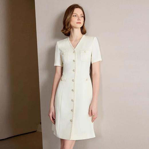 IWY/米白色短袖小香风V领连衣裙女夏季新款时尚气质收腰显瘦通勤正装Q1321 商品图2