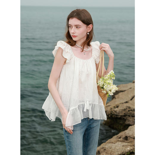 三彩2025夏季新款刺绣小衫飞飞袖系带上衣拼接宽松甜美M 商品图1