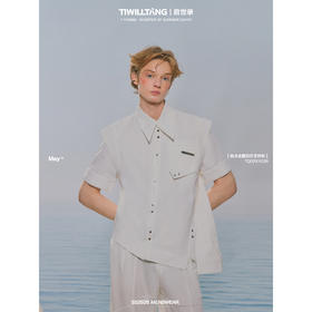 启世录TIWILLTANG“原焐汔制”斜门襟短袖衬衫黑白薄款衬衣修身男