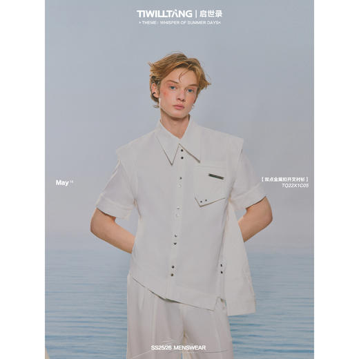 启世录TIWILLTANG“原焐汔制”斜门襟短袖衬衫黑白薄款衬衣修身男 商品图0