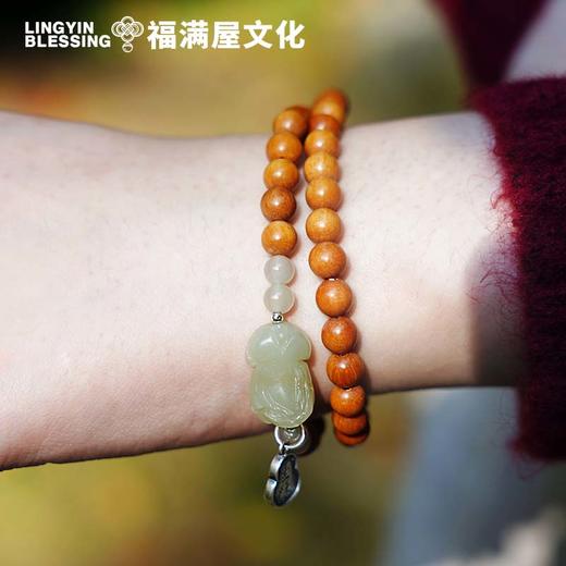 【灵隐景区直发】芭比檀木和田玉双圈手串青山黛中式佛珠女款饰品貔貅坠子串珠 商品图3