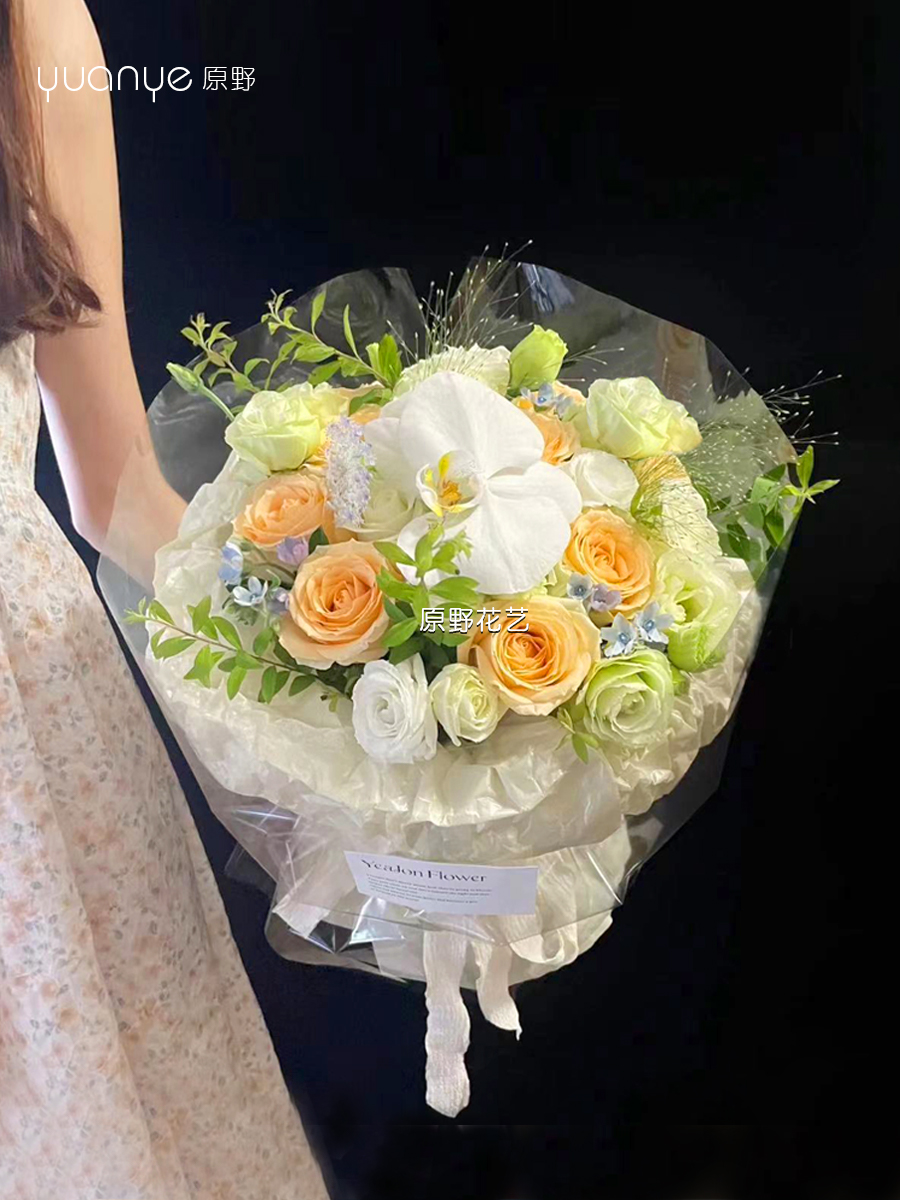 【邂逅浪漫】香槟玫瑰桔梗蝴蝶兰混搭韩式小清新花束