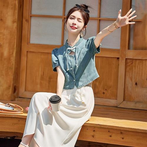 新中式国风牛仔套装裙2025新款女装减龄夏装搭配短袖半身裙两件套YLFS8888 商品图2