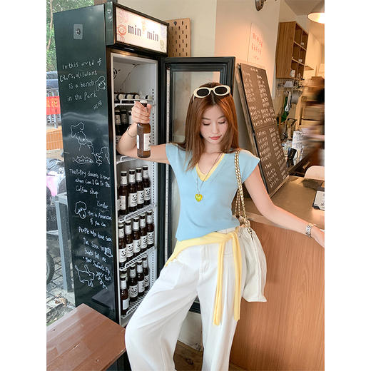 <曾小咸推荐>韩系撞色披肩绑带针织短袖T恤 商品图3