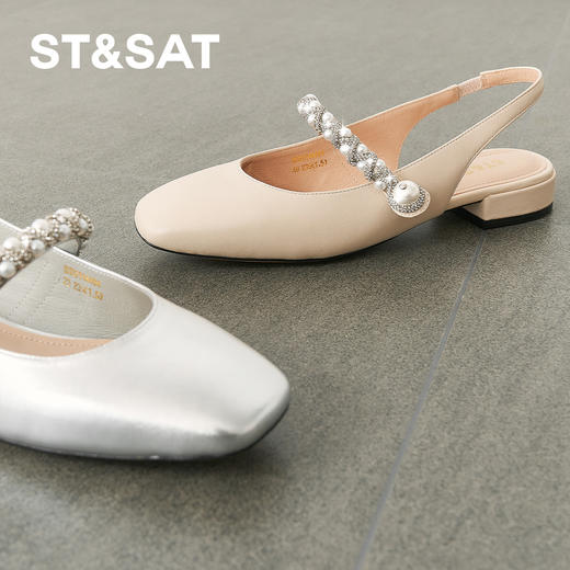星期六优雅贝珠方头后空粗跟凉鞋SSD2114484 商品图8