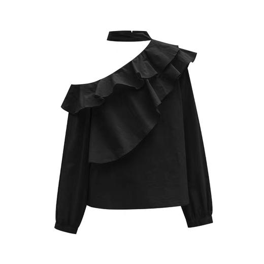 9.24清仓 设计师品牌-法式挂脖宽松荷叶边斜肩露肩上衣女长袖小衫-喜出 商品图5