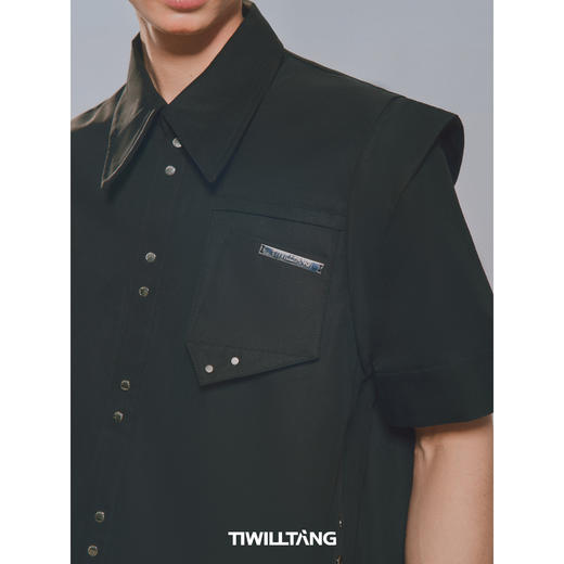启世录TIWILLTANG“原焐汔制”斜门襟短袖衬衫黑白薄款衬衣修身男 商品图2
