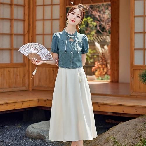 新中式国风牛仔套装裙2025新款女装减龄夏装搭配短袖半身裙两件套YLFS8888 商品图3