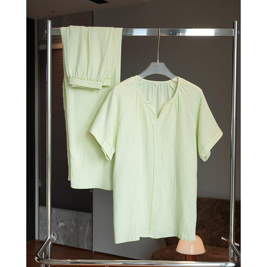 官网599！赵丽颖同款双层纱棉质绉布短袖长裤套装 轻薄透气休闲宽松家居服睡衣睡裤女 商品图6