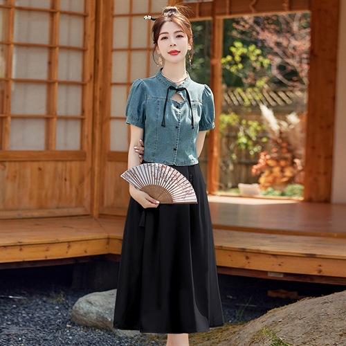 新中式国风牛仔套装裙2025新款女装减龄夏装搭配短袖半身裙两件套YLFS8888 商品图4