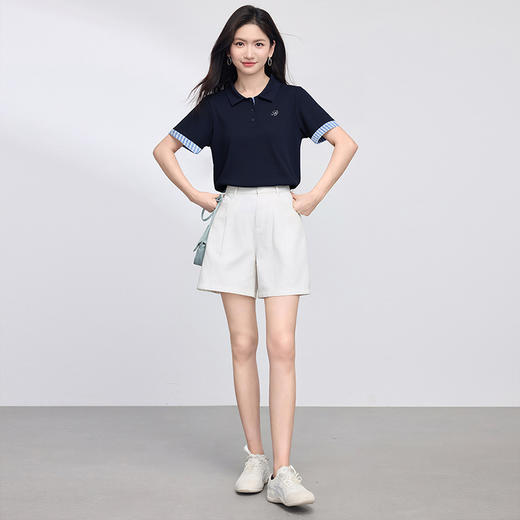 【专属特价】熙世界休闲撞色POLO衫女短袖夏小个子复古翻领T恤上衣 商品图4