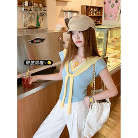 <曾小咸推荐>韩系撞色披肩绑带针织短袖T恤
