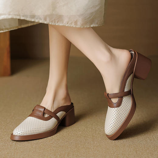 【预售5天】牛皮镂空包头半拖鞋，真皮透气粗跟凉拖鞋外穿女鞋YCJX&H-7630 商品图0