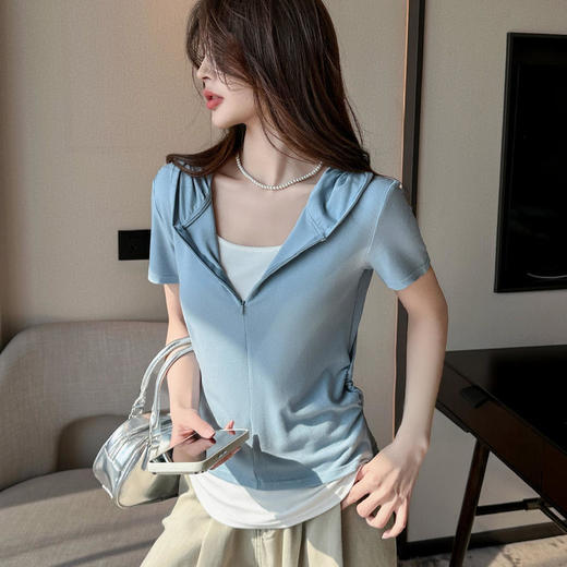 【连帽假两件半拉链短袖t】2025春秋新款修身收腰燕尾时尚百搭短t 商品图2