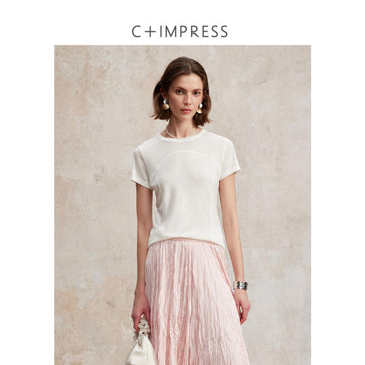 设计感圆弧拼接桑蚕丝莱赛尔短袖T恤T2502096 商品图0