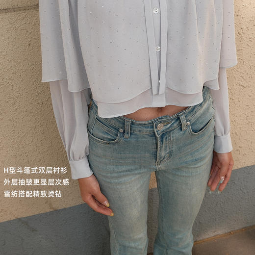 lost in echo2025夏季新款烫钻雪纺斗篷抽皱设计短款修身衬衫女 商品图1