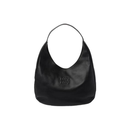 MIU MIU缪缪 压纹刻字徽标磁扣开合 皮革 流浪包手提单肩包 女款 黑色 商品图0