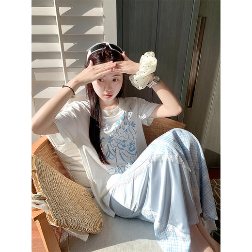 <曾小咸推荐>浅蓝色清新格纹蕾丝拼接半身裙 商品图2