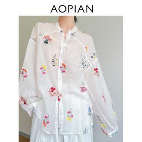 奥篇小花束植物刺绣 法式度假风 宽松灯笼袖清爽透气苎麻衬衫