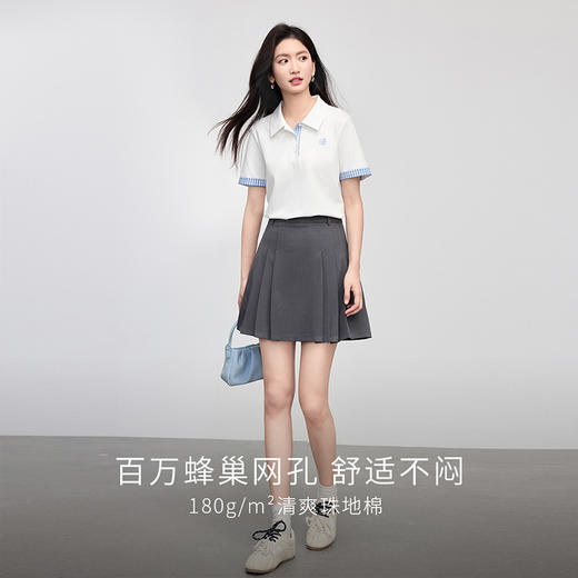 【专属特价】熙世界休闲撞色POLO衫女短袖夏小个子复古翻领T恤上衣 商品图2