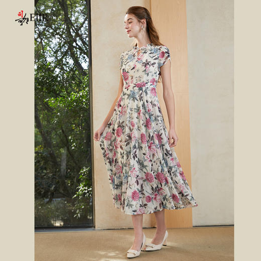 司歌雪纺印花蕾丝短袖收腰连衣裙A911270X 商品图4