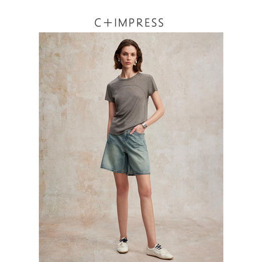 设计感圆弧拼接桑蚕丝莱赛尔短袖T恤T2502096 商品图3