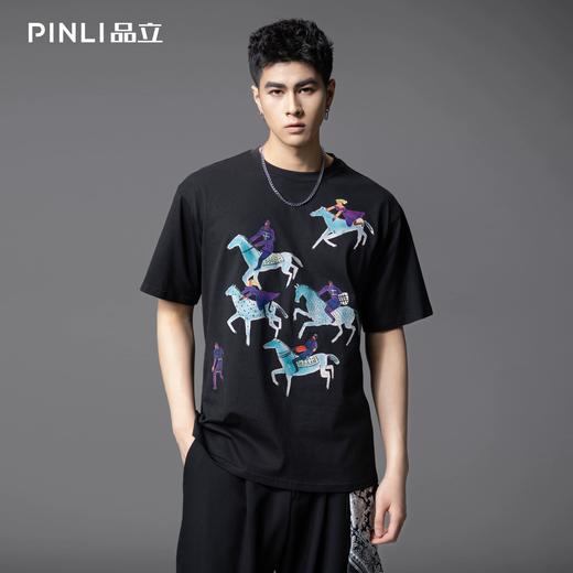 PINLI品立2025夏季新款创意烫画休闲短袖T恤男士潮牌纯棉体恤上衣BG252111023 商品图0