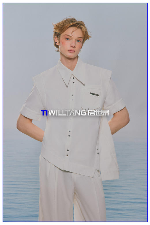 启世录TIWILLTANG“原焐汔制”斜门襟短袖衬衫黑白薄款衬衣修身男 商品图5