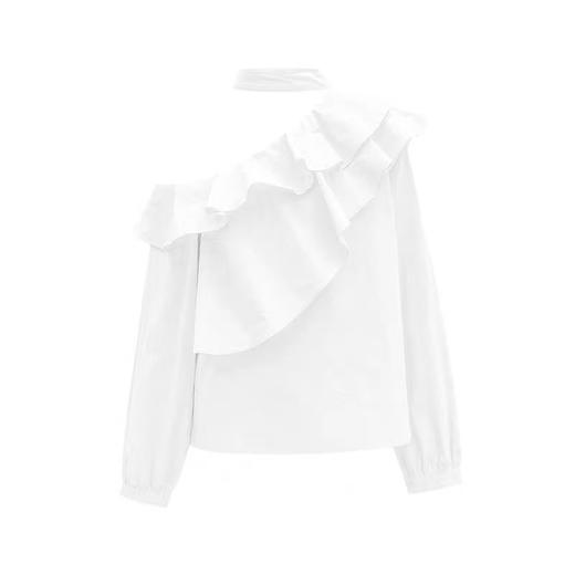 9.24清仓 设计师品牌-法式挂脖宽松荷叶边斜肩露肩上衣女长袖小衫-喜出 商品图6