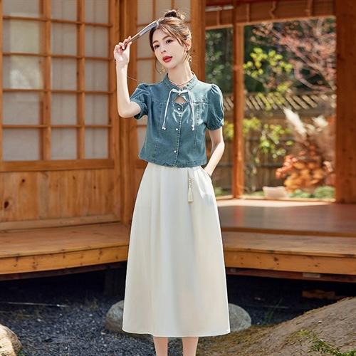 新中式国风牛仔套装裙2025新款女装减龄夏装搭配短袖半身裙两件套YLFS8888 商品图1