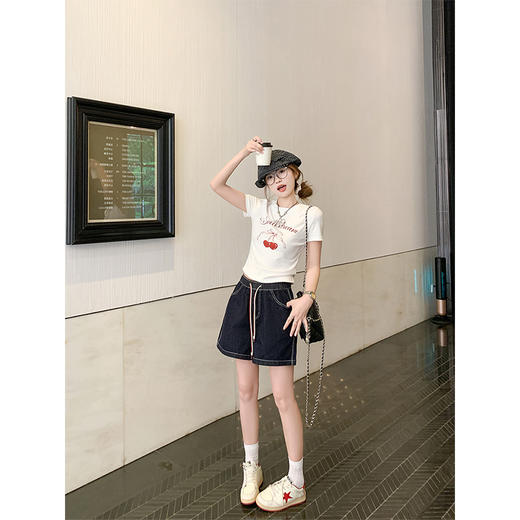 【129元任选2件】现货！复古高腰靛蓝色系带牛仔短裤 商品图3