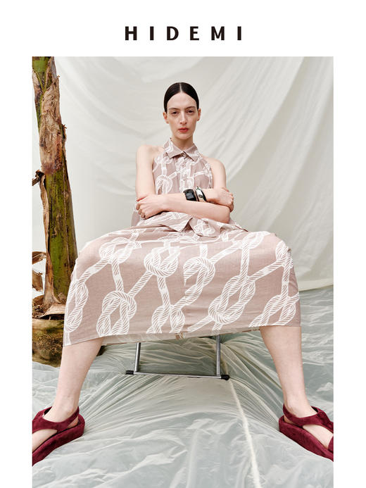 HIDEMI度假系列原创手绘海上绳铆浅米白印花套装无袖衬衫堆堆半裙 商品图7