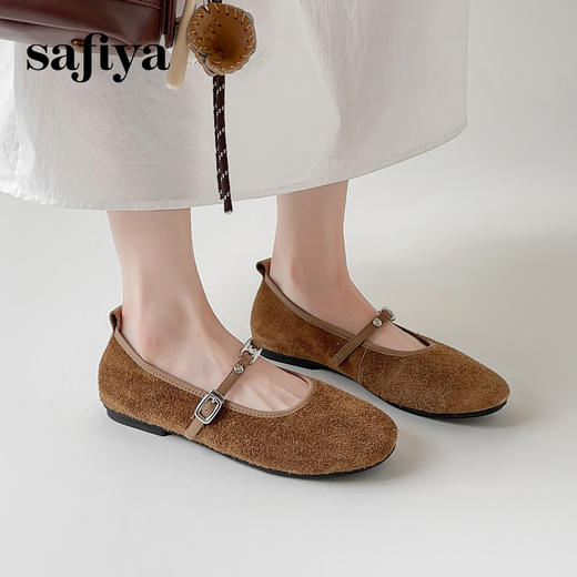 预售7天|Safiya/索菲娅2025法式复古绒面牛皮气质浅口一字扣玛丽珍单鞋SFD3111414 商品图0