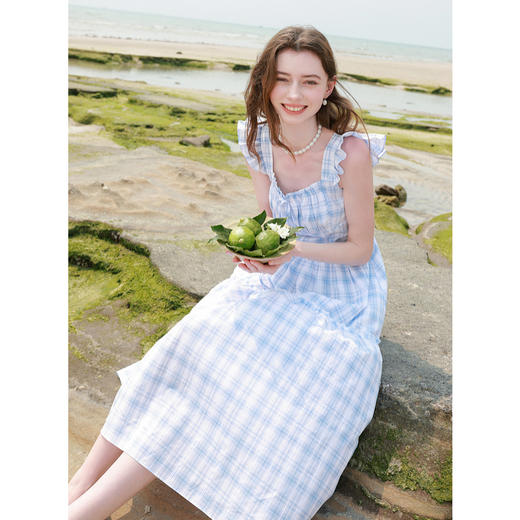 三彩2025夏季新款格纹连衣裙方领系带收腰A字裙长裙清新M 商品图2