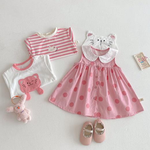 【可爱猫咪图案，清凉舒适面料】女童卡通T恤 夏季宝宝贴布猫咪打底衫 潮儿童韩版夏装-QQ 商品图1