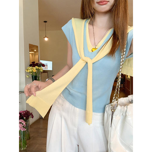 <曾小咸推荐>韩系撞色披肩绑带针织短袖T恤 商品图1