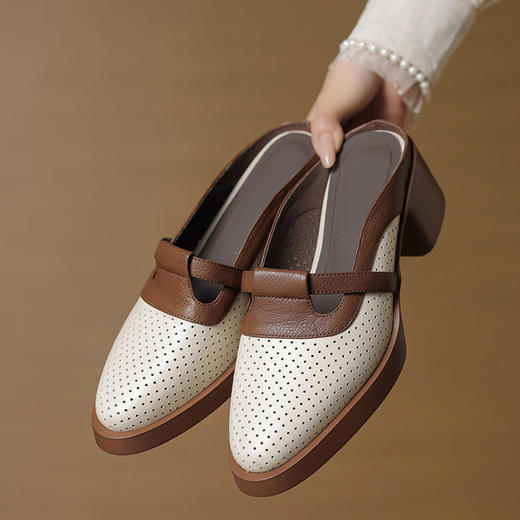 【预售5天】牛皮镂空包头半拖鞋，真皮透气粗跟凉拖鞋外穿女鞋YCJX&H-7630 商品图1