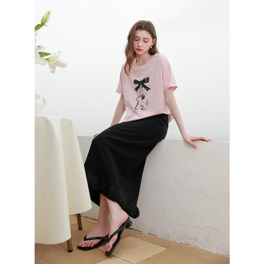 三彩2025夏季新款优雅半身裙欧根纱拼接花边直筒裙开叉长裙M 商品图1