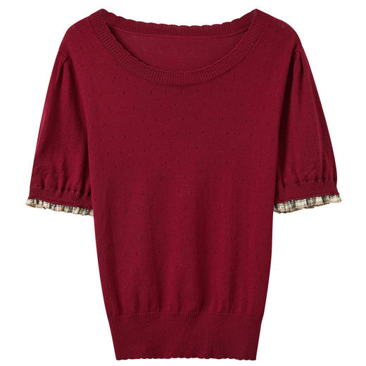 三彩2025夏季新款莱赛尔针织衫圆领泡泡袖拼接毛衫短款甜美M 商品图4