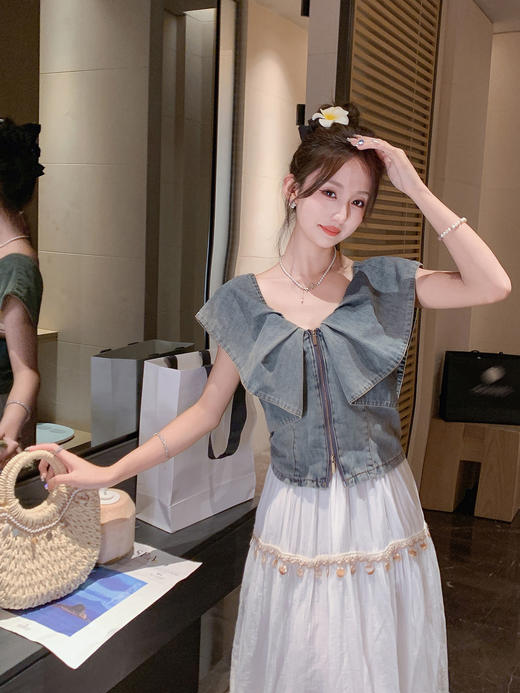 张心子【漫游日记】遮拜拜肉复古风气质显瘦牛仔上衣 U2505021 商品图3