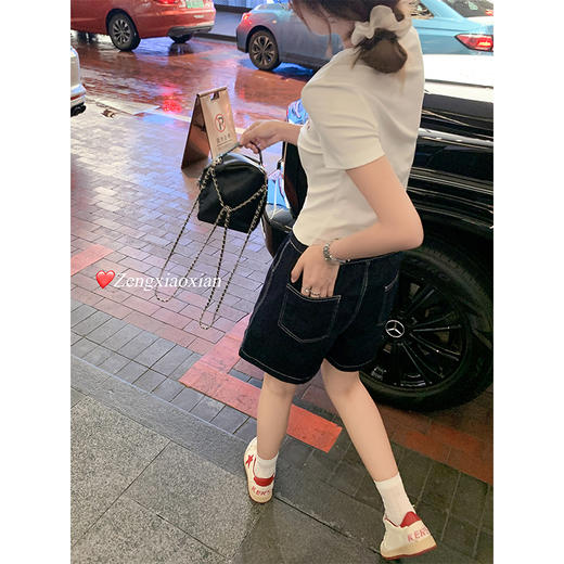 【129元任选2件】现货！复古高腰靛蓝色系带牛仔短裤 商品图10