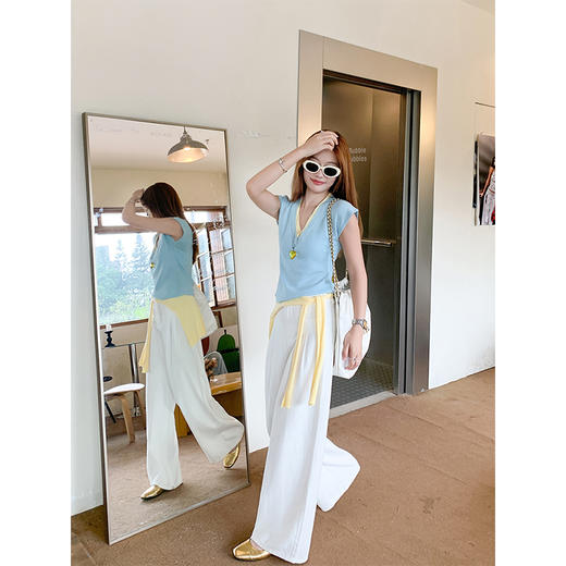 <曾小咸推荐>韩系撞色披肩绑带针织短袖T恤 商品图2