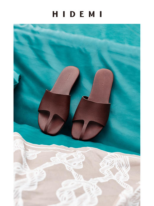 HIDEMI度假系列进口荔枝皮牛皮极简时髦一字带手工露趾凉鞋拖鞋 商品图0