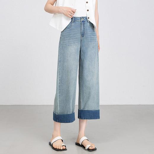 「高货xg」全新升级【铂金会员165/天猫219/差价54】(00250)洛诗琳浅蓝色阔腿牛仔2025夏季薄款小个子九分翻边直筒裤 商品图1