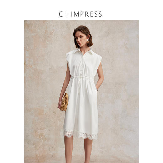 南法假日醋酸索罗那衬衫领蕾丝拼接连衣裙 商品图0