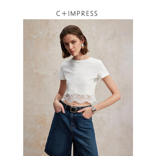 天丝亚麻混纺俏皮蕾丝拼接圆领T恤T2502091 商品图1