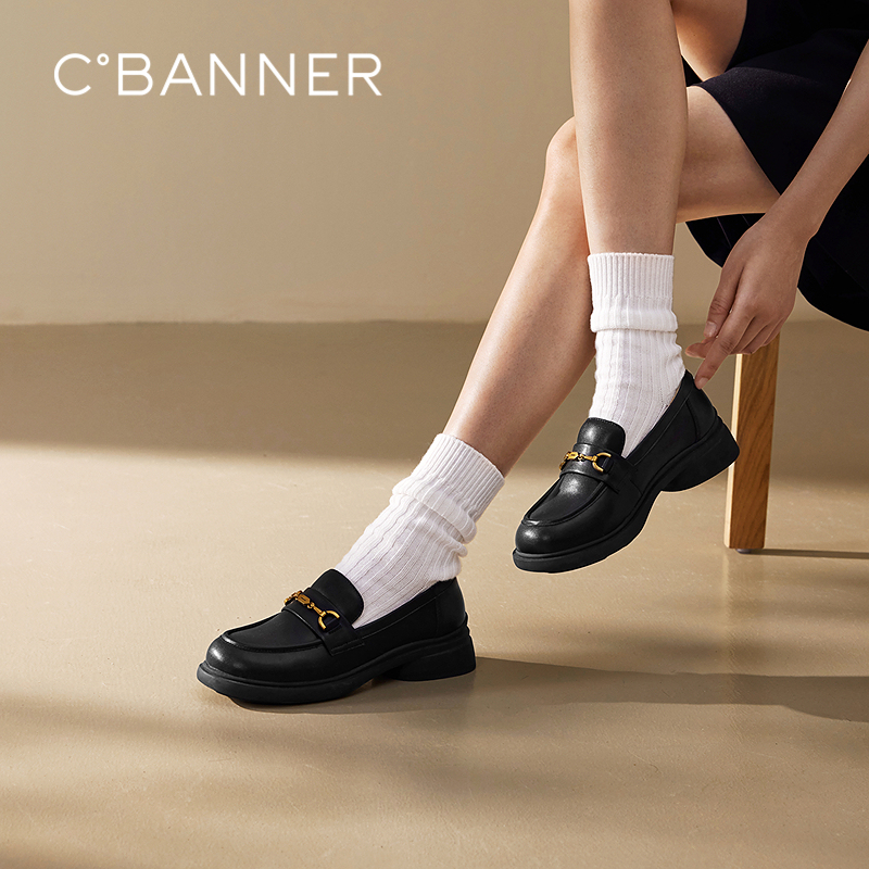 千百度经典通勤乐福鞋女款厚底黑色一脚蹬JK小皮鞋A25163720