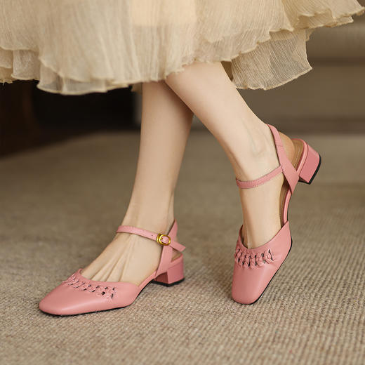 阿么手工女鞋夏季透气编织百搭粗跟真皮凉鞋2025新款超软镂空3CM 商品图1