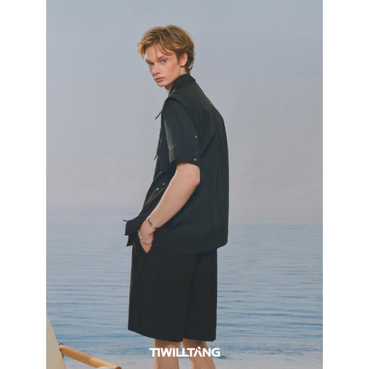 启世录TIWILLTANG“原焐汔制”斜门襟短袖衬衫黑白薄款衬衣修身男 商品图1